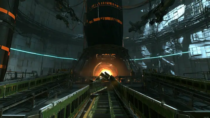 Low tracking cinematic film still at conveyor-belt height in a dim Portal 2 behind-the-scenes hall: three converging belts packed edge to edge with green RAM memory sticks, black chips and gold contacts, standing in…