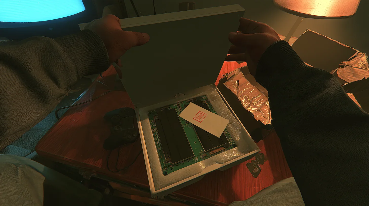 Top-down cinematic film still onto a low wooden coffee table at night: two hands in dark grey hoodie sleeves lift the lid off a sleek brand-new plain white game console nested in packing foam, revealing a green…