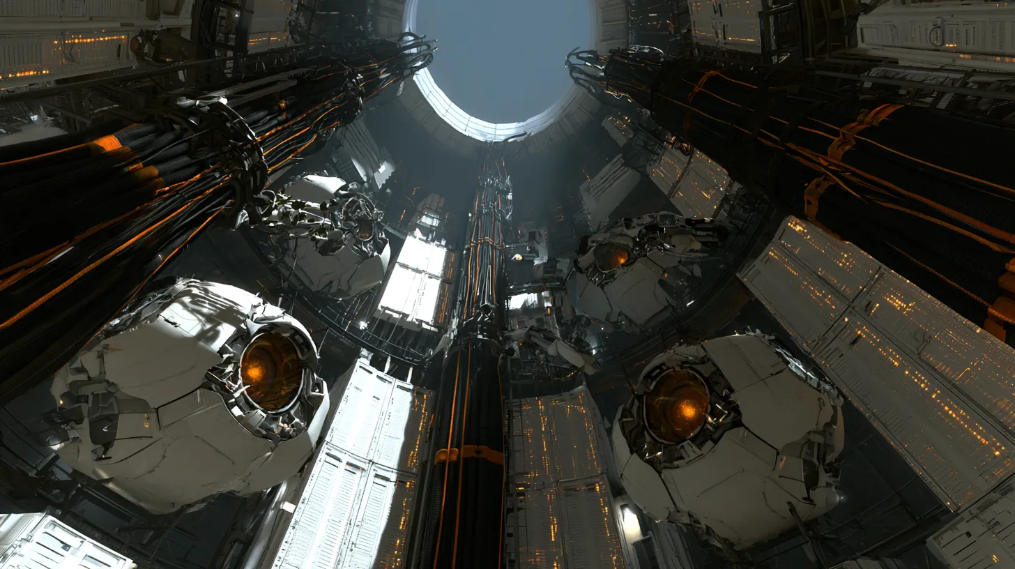 Cinematic film still looking straight up a towering cathedral of compute inside Portal 2's Aperture Science: tier upon tier of giant white personality cores with glowing amber optics set into the round walls like…