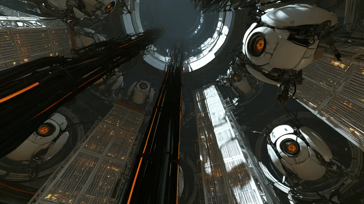 Cinematic film still looking straight up a towering cathedral of compute inside Portal 2's Aperture Science: tier upon tier of giant white personality cores with glowing amber optics set into the round walls like…