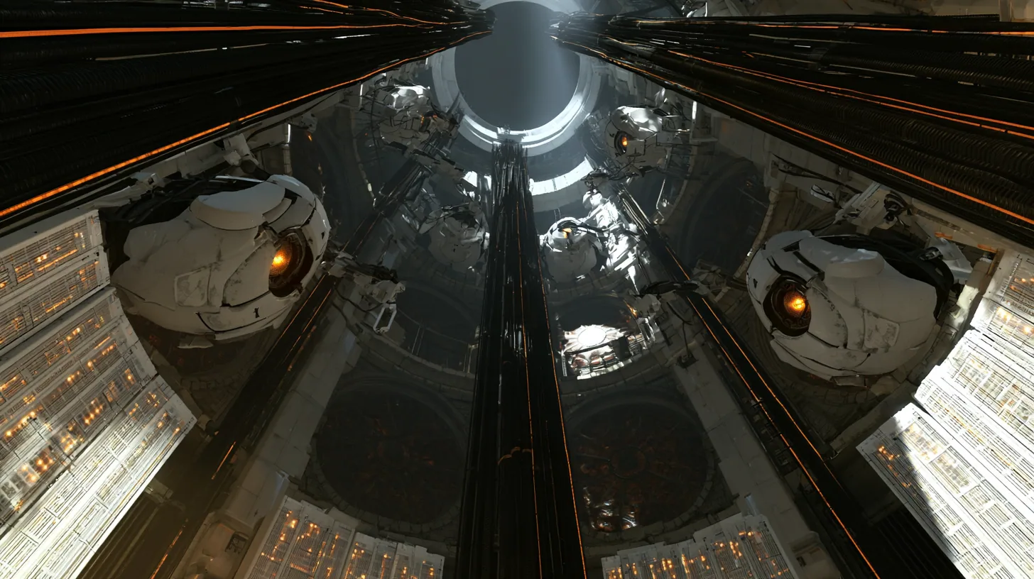 Cinematic film still looking straight up a towering cathedral of compute inside Portal 2's Aperture Science: tier upon tier of giant white personality cores with glowing amber optics set into the round walls like…