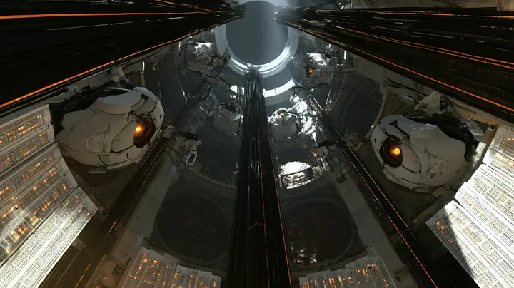 Cinematic film still looking straight up a towering cathedral of compute inside Portal 2's Aperture Science: tier upon tier of giant white personality cores with glowing amber optics set into the round walls like…
