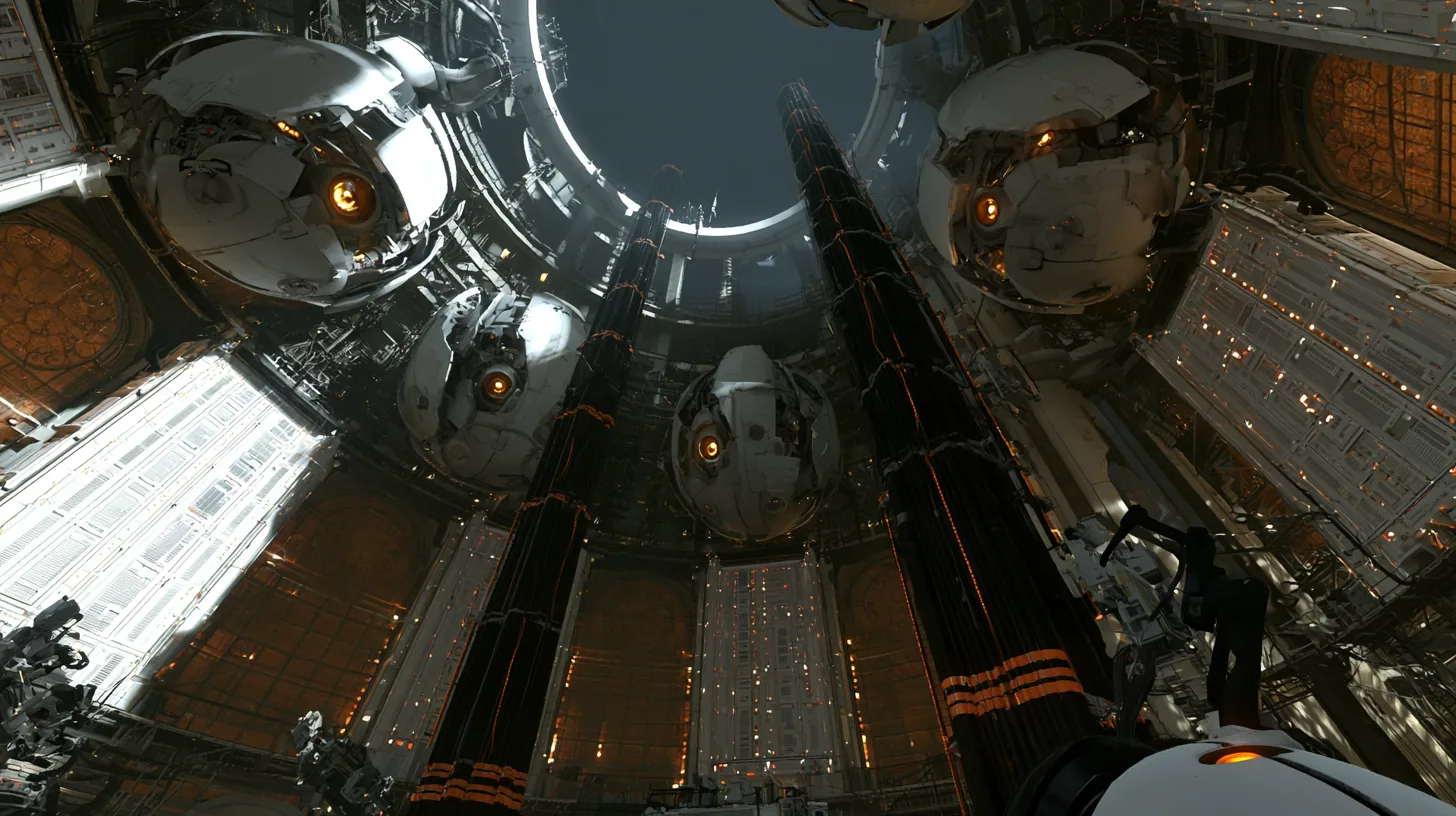 Cinematic film still looking straight up a towering cathedral of compute inside Portal 2's Aperture Science: tier upon tier of giant white personality cores with glowing amber optics set into the round walls like…
