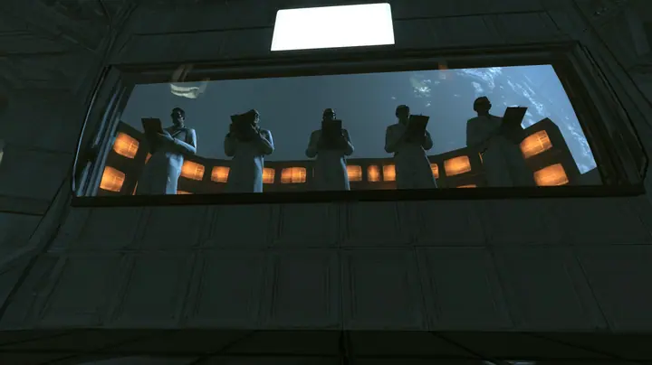 Low-angle cinematic film still from the floor of a dark Portal 2 chamber looking up at a long slanted observation window high in the panelled wall: behind the glass five scientists in white lab coats stand in a row…