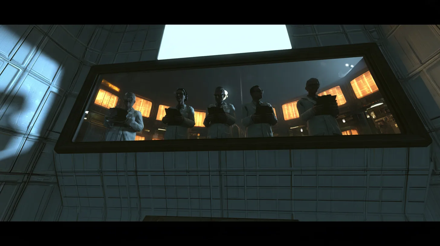 Low-angle cinematic film still from the floor of a dark Portal 2 chamber looking up at a long slanted observation window high in the panelled wall: behind the glass five scientists in white lab coats stand in a row…