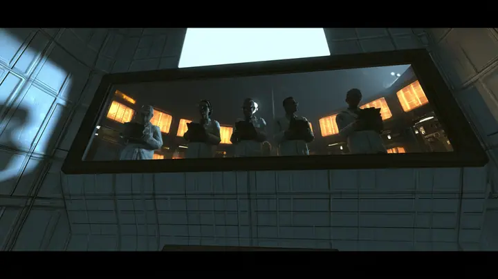 Low-angle cinematic film still from the floor of a dark Portal 2 chamber looking up at a long slanted observation window high in the panelled wall: behind the glass five scientists in white lab coats stand in a row…