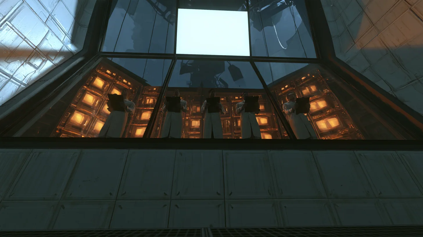 Low-angle cinematic film still from the floor of a dark Portal 2 chamber looking up at a long slanted observation window high in the panelled wall: behind the glass five scientists in white lab coats stand in a row…