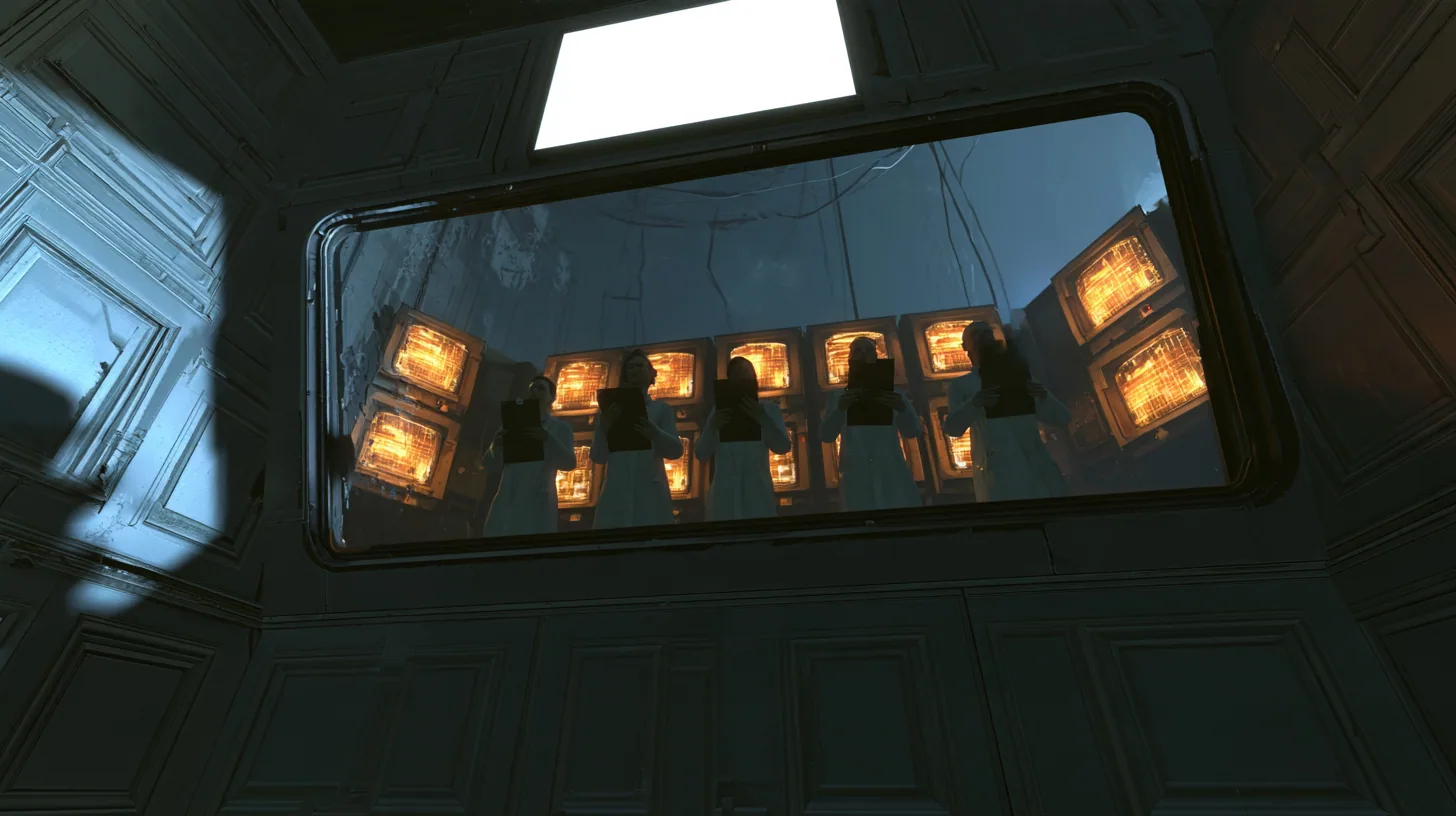 Low-angle cinematic film still from the floor of a dark Portal 2 chamber looking up at a long slanted observation window high in the panelled wall: behind the glass five scientists in white lab coats stand in a row…