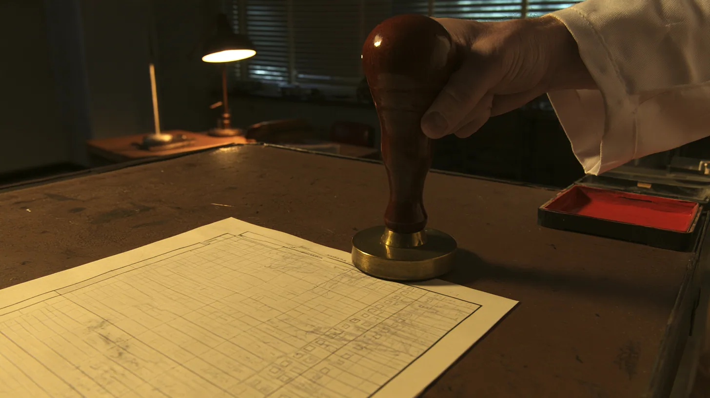 Macro cinematic film still at desk level in a 1970s Aperture office: an official cream evaluation form with rows of pencil-ticked boxes lies on a worn brown desk, and above it, filling the top of the frame, a big…