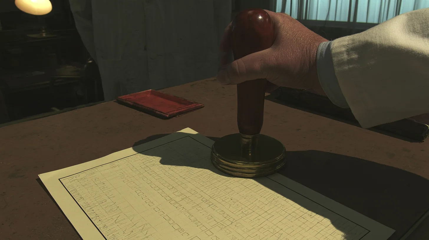 Macro cinematic film still at desk level in a 1970s Aperture office: an official cream evaluation form with rows of pencil-ticked boxes lies on a worn brown desk, and above it, filling the top of the frame, a big…