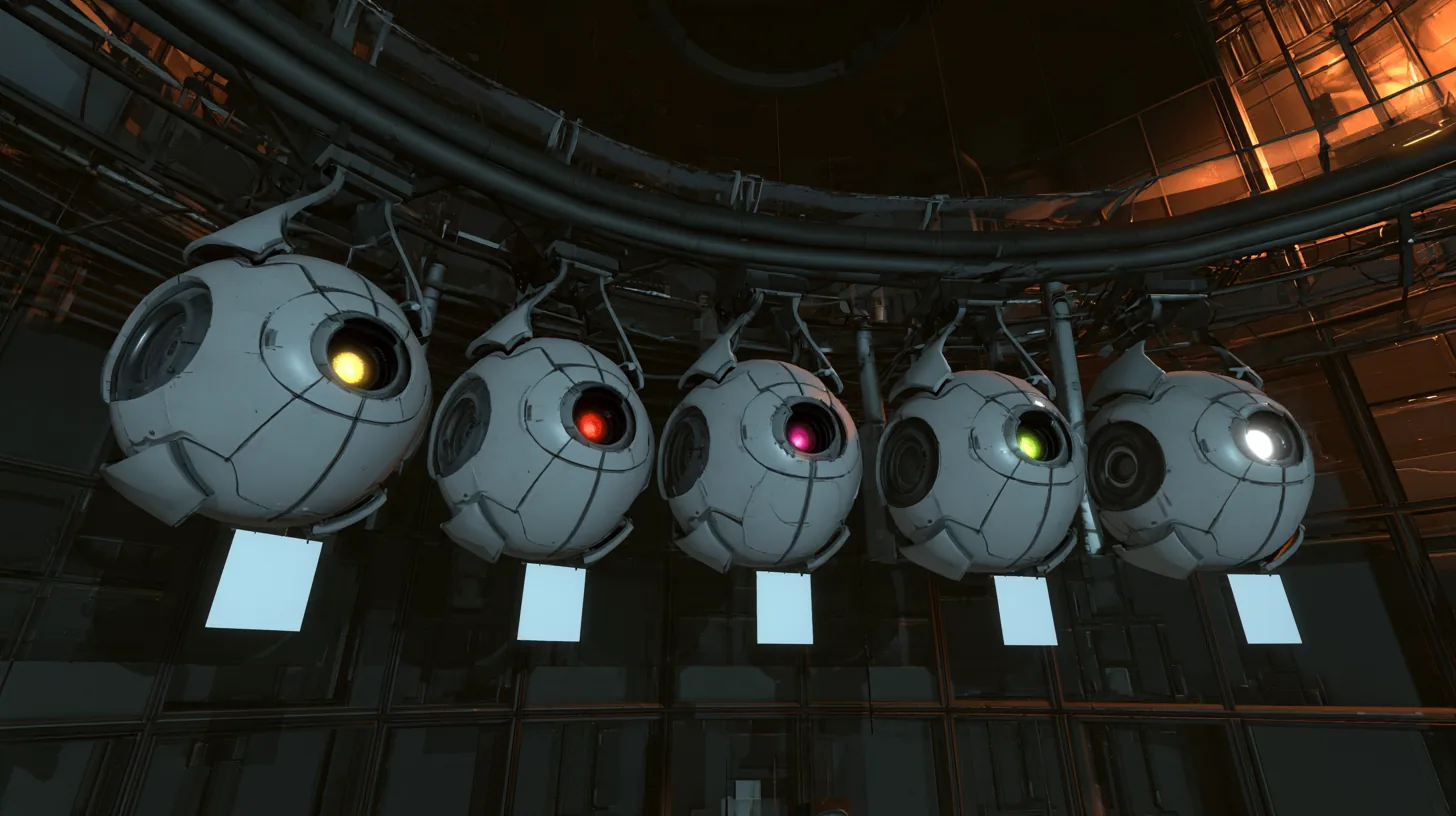Cinematic film still at eye level in a dark Portal 2 AI chamber: five white personality cores, plated spheres with grey handles and fine seams, hang in a neat row from a curved steel overhead rail like students lined…