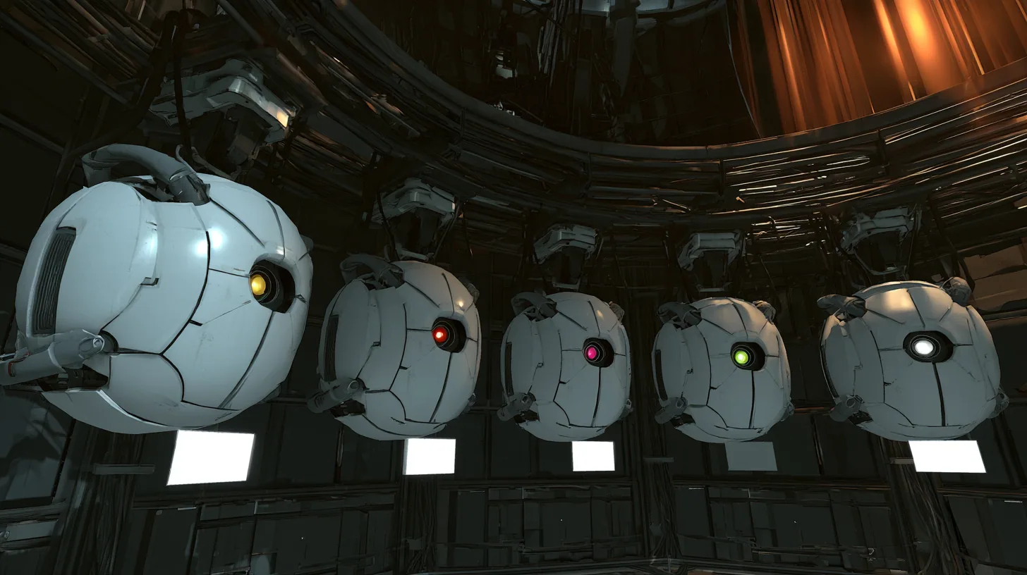 Cinematic film still at eye level in a dark Portal 2 AI chamber: five white personality cores, plated spheres with grey handles and fine seams, hang in a neat row from a curved steel overhead rail like students lined…
