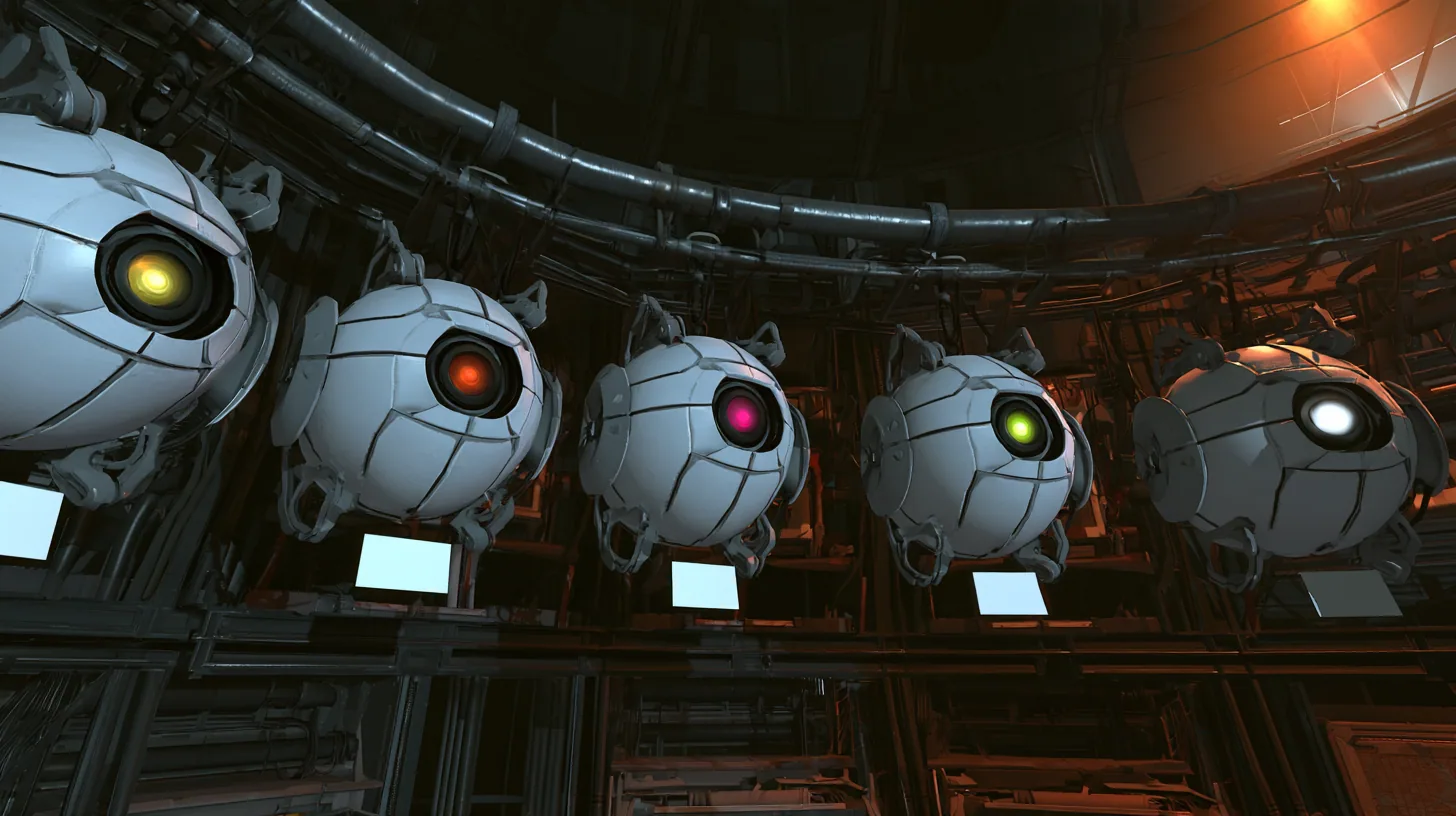 Cinematic film still at eye level in a dark Portal 2 AI chamber: five white personality cores, plated spheres with grey handles and fine seams, hang in a neat row from a curved steel overhead rail like students lined…