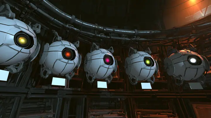 Cinematic film still at eye level in a dark Portal 2 AI chamber: five white personality cores, plated spheres with grey handles and fine seams, hang in a neat row from a curved steel overhead rail like students lined…
