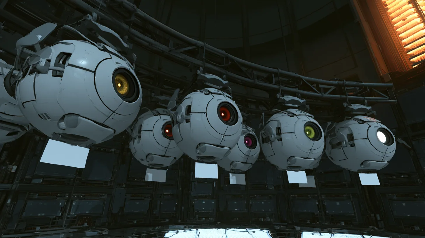 Cinematic film still at eye level in a dark Portal 2 AI chamber: five white personality cores, plated spheres with grey handles and fine seams, hang in a neat row from a curved steel overhead rail like students lined…