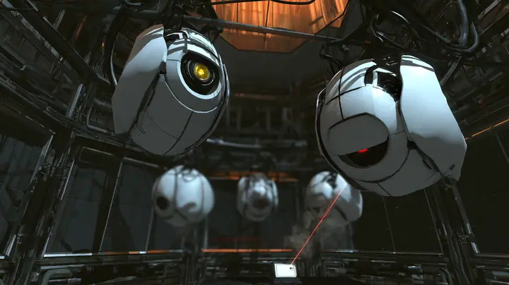 Close cinematic film still in a dark Portal 2 chamber: two white personality cores hanging from a steel rail fill the frame, the yellow-eyed one tilted up with its optic wide and bright, hopeful, the red-eyed one…