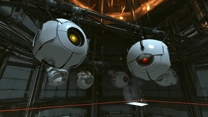 Close cinematic film still in a dark Portal 2 chamber: two white personality cores hanging from a steel rail fill the frame, the yellow-eyed one tilted up with its optic wide and bright, hopeful, the red-eyed one…