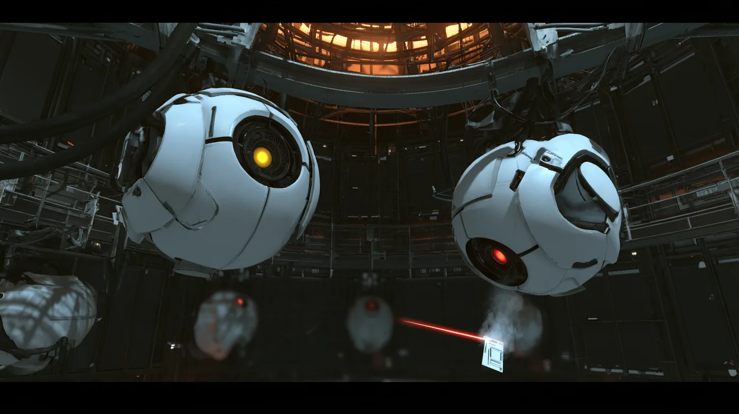 Close cinematic film still in a dark Portal 2 chamber: two white personality cores hanging from a steel rail fill the frame, the yellow-eyed one tilted up with its optic wide and bright, hopeful, the red-eyed one…