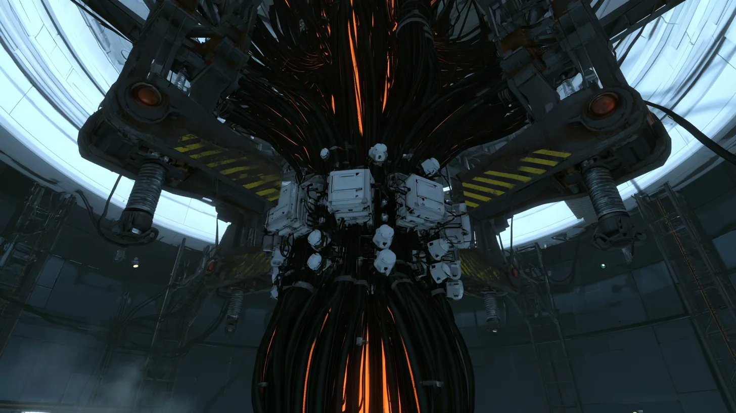 Cinematic film still just below the white ceiling ring of a dark Portal 2 AI chamber: a massive trunk of black cables with glowing orange stripes, studded with white compute modules and small white cores, is gripped…