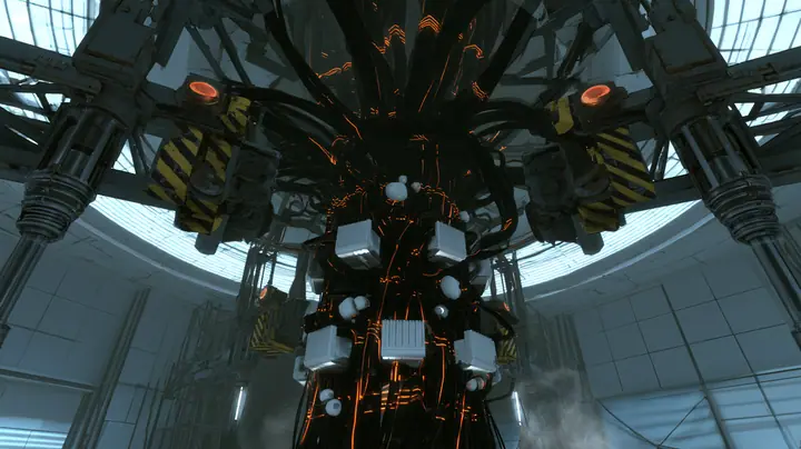 Cinematic film still just below the white ceiling ring of a dark Portal 2 AI chamber: a massive trunk of black cables with glowing orange stripes, studded with white compute modules and small white cores, is gripped…