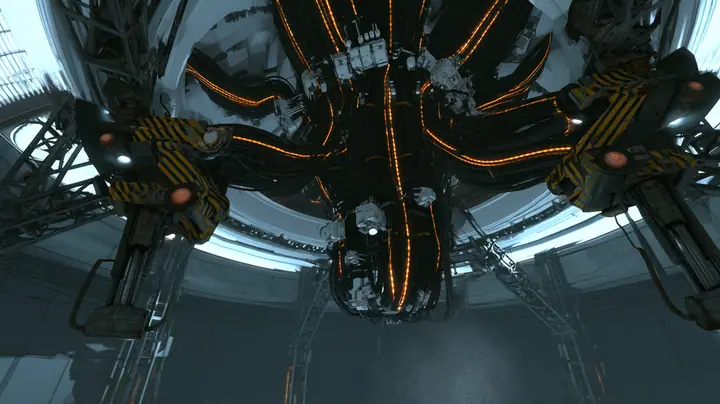 Cinematic film still just below the white ceiling ring of a dark Portal 2 AI chamber: a massive trunk of black cables with glowing orange stripes, studded with white compute modules and small white cores, is gripped…