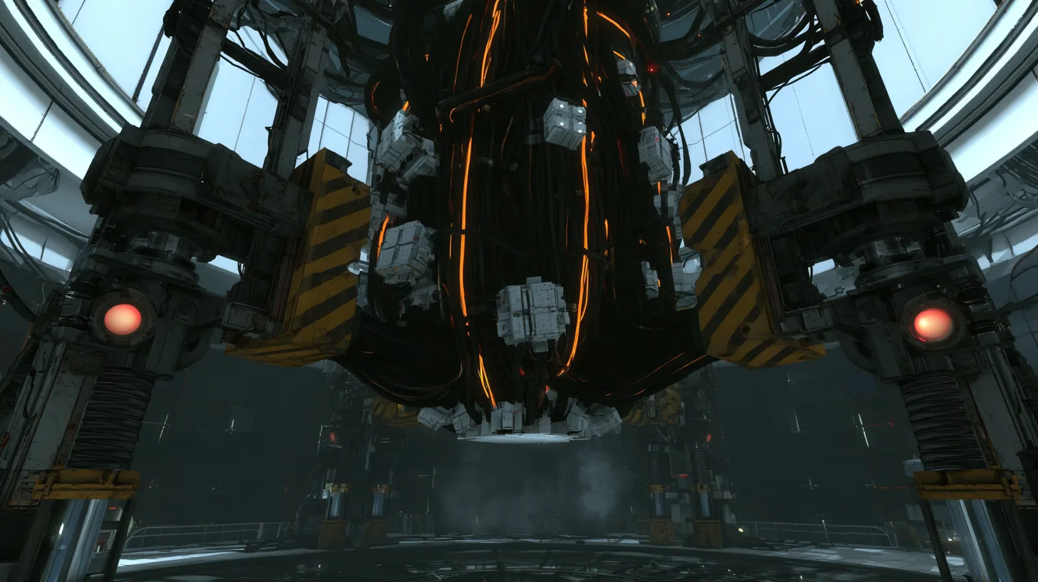 Cinematic film still just below the white ceiling ring of a dark Portal 2 AI chamber: a massive trunk of black cables with glowing orange stripes, studded with white compute modules and small white cores, is gripped…