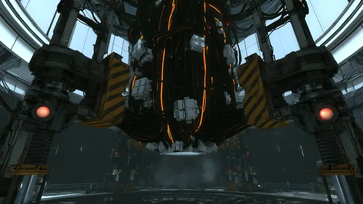 Cinematic film still just below the white ceiling ring of a dark Portal 2 AI chamber: a massive trunk of black cables with glowing orange stripes, studded with white compute modules and small white cores, is gripped…