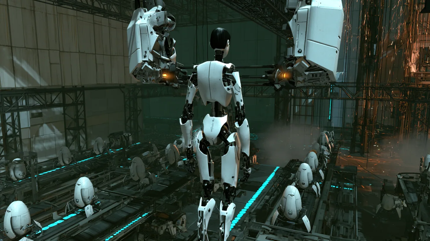 Swooping tracking shot, cinematic film still: two white jointed Portal 2 panel arms hanging from an overhead rail lift a slender porcelain-white android woman, seen from behind, smooth white back plate, black joints,…