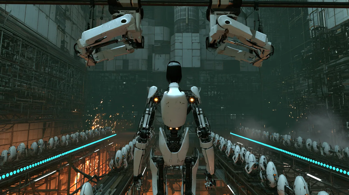 Swooping tracking shot, cinematic film still: two white jointed Portal 2 panel arms hanging from an overhead rail lift a slender porcelain-white android woman, seen from behind, smooth white back plate, black joints,…