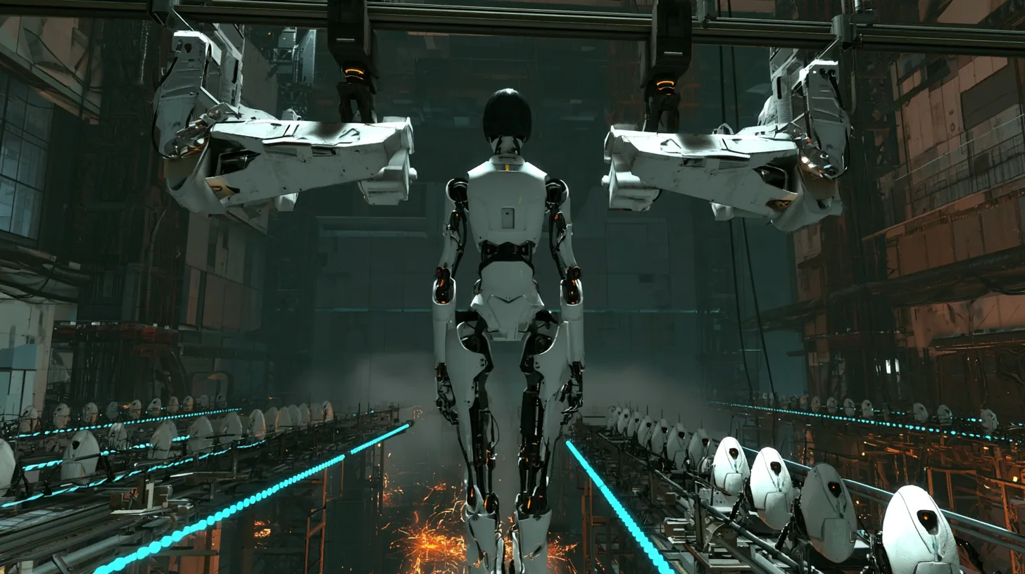 Swooping tracking shot, cinematic film still: two white jointed Portal 2 panel arms hanging from an overhead rail lift a slender porcelain-white android woman, seen from behind, smooth white back plate, black joints,…