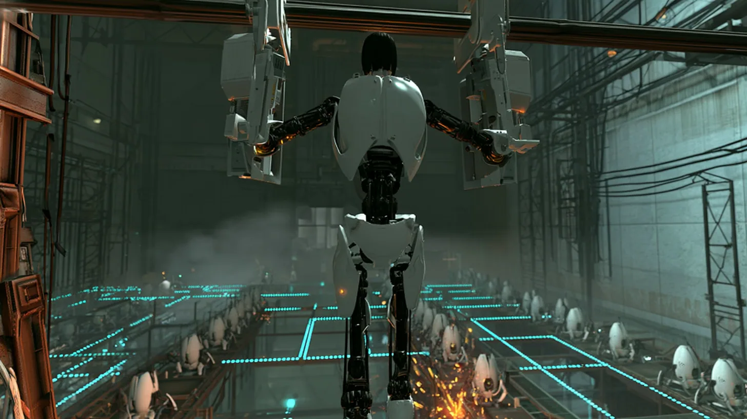 Swooping tracking shot, cinematic film still: two white jointed Portal 2 panel arms hanging from an overhead rail lift a slender porcelain-white android woman, seen from behind, smooth white back plate, black joints,…