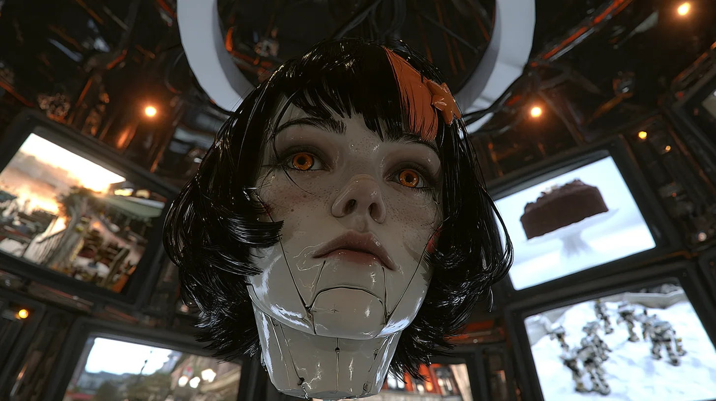 Low-angle cinematic film still of a giant porcelain android head hanging from a white ring on a black cable boom in a dark dome lined with glowing CRT screens, a porcelain-white female face with fine panel seams,…