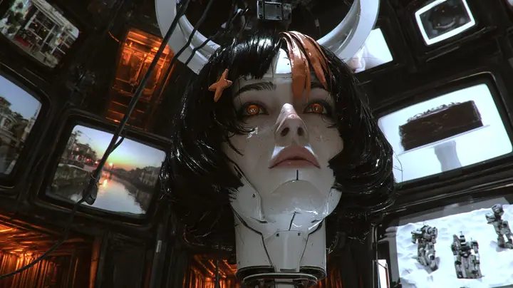 Low-angle cinematic film still of a giant porcelain android head hanging from a white ring on a black cable boom in a dark dome lined with glowing CRT screens, a porcelain-white female face with fine panel seams,…