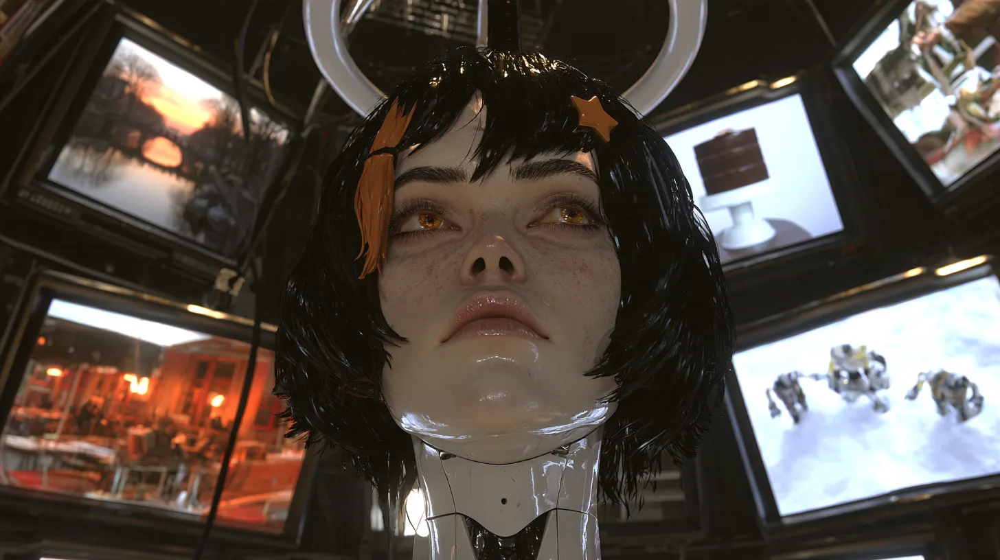 Low-angle cinematic film still of a giant porcelain android head hanging from a white ring on a black cable boom in a dark dome lined with glowing CRT screens, a porcelain-white female face with fine panel seams,…
