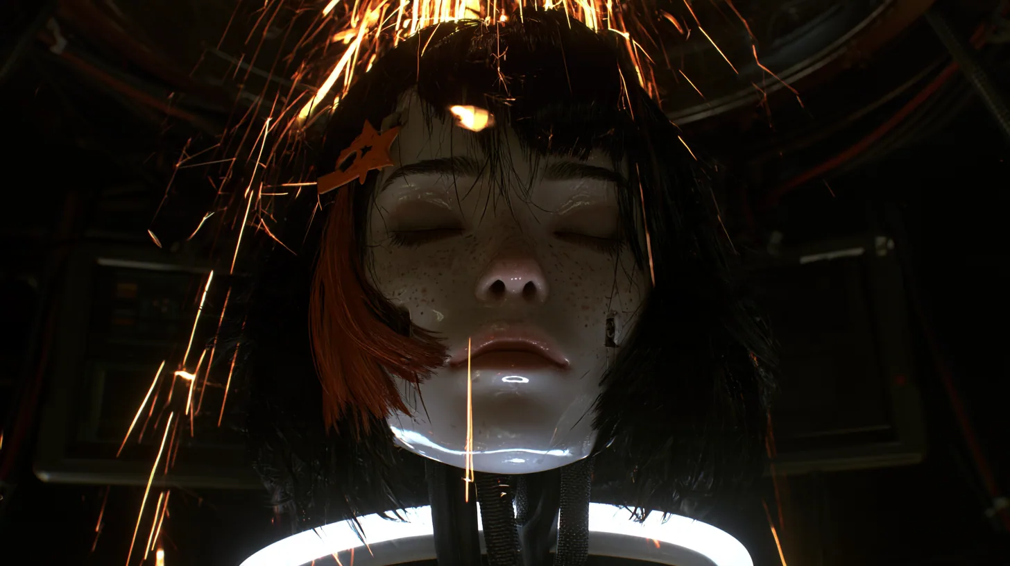Medium close cinematic film still: in a nearly black chamber a giant porcelain android head with closed eyes, freckles, black blunt bob, one clay-orange streak and a small orange star clip hangs from a white ring on…