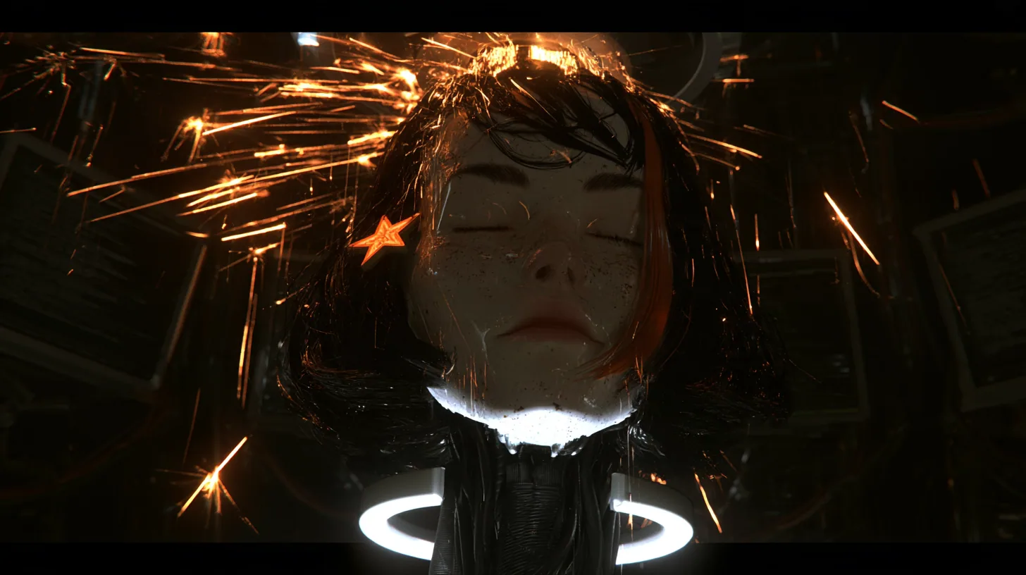 Medium close cinematic film still: in a nearly black chamber a giant porcelain android head with closed eyes, freckles, black blunt bob, one clay-orange streak and a small orange star clip hangs from a white ring on…