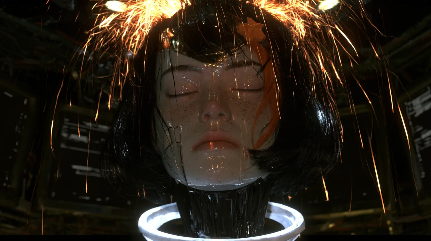 Medium close cinematic film still: in a nearly black chamber a giant porcelain android head with closed eyes, freckles, black blunt bob, one clay-orange streak and a small orange star clip hangs from a white ring on…