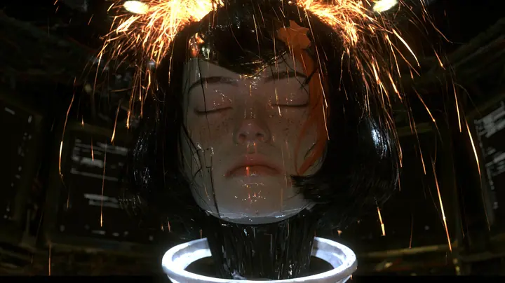 Medium close cinematic film still: in a nearly black chamber a giant porcelain android head with closed eyes, freckles, black blunt bob, one clay-orange streak and a small orange star clip hangs from a white ring on…