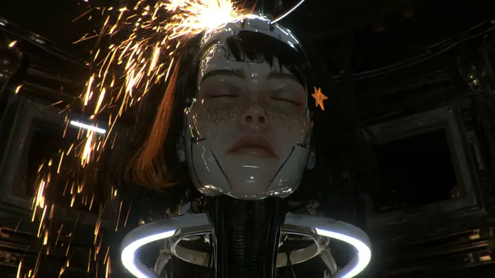 Medium close cinematic film still: in a nearly black chamber a giant porcelain android head with closed eyes, freckles, black blunt bob, one clay-orange streak and a small orange star clip hangs from a white ring on…