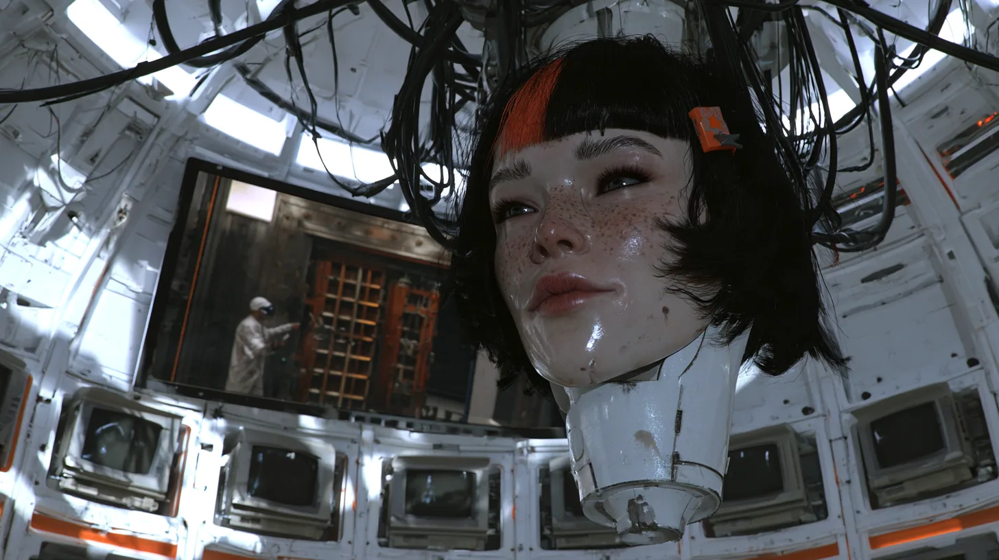Medium close cinematic film still: a giant porcelain android head hangs from black cables in a bright dome chamber ringed with white panels and old CRT monitors, freckles, black blunt bob, clay-orange streak, small…