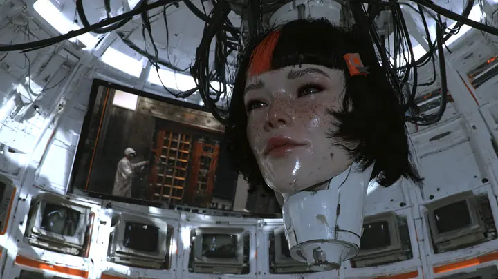 Medium close cinematic film still: a giant porcelain android head hangs from black cables in a bright dome chamber ringed with white panels and old CRT monitors, freckles, black blunt bob, clay-orange streak, small…