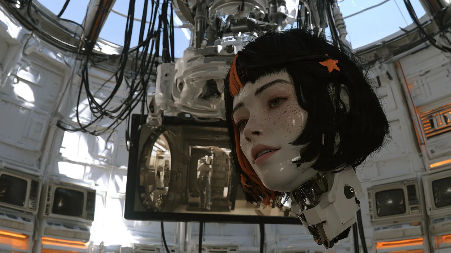 Medium close cinematic film still: a giant porcelain android head hangs from black cables in a bright dome chamber ringed with white panels and old CRT monitors, freckles, black blunt bob, clay-orange streak, small…