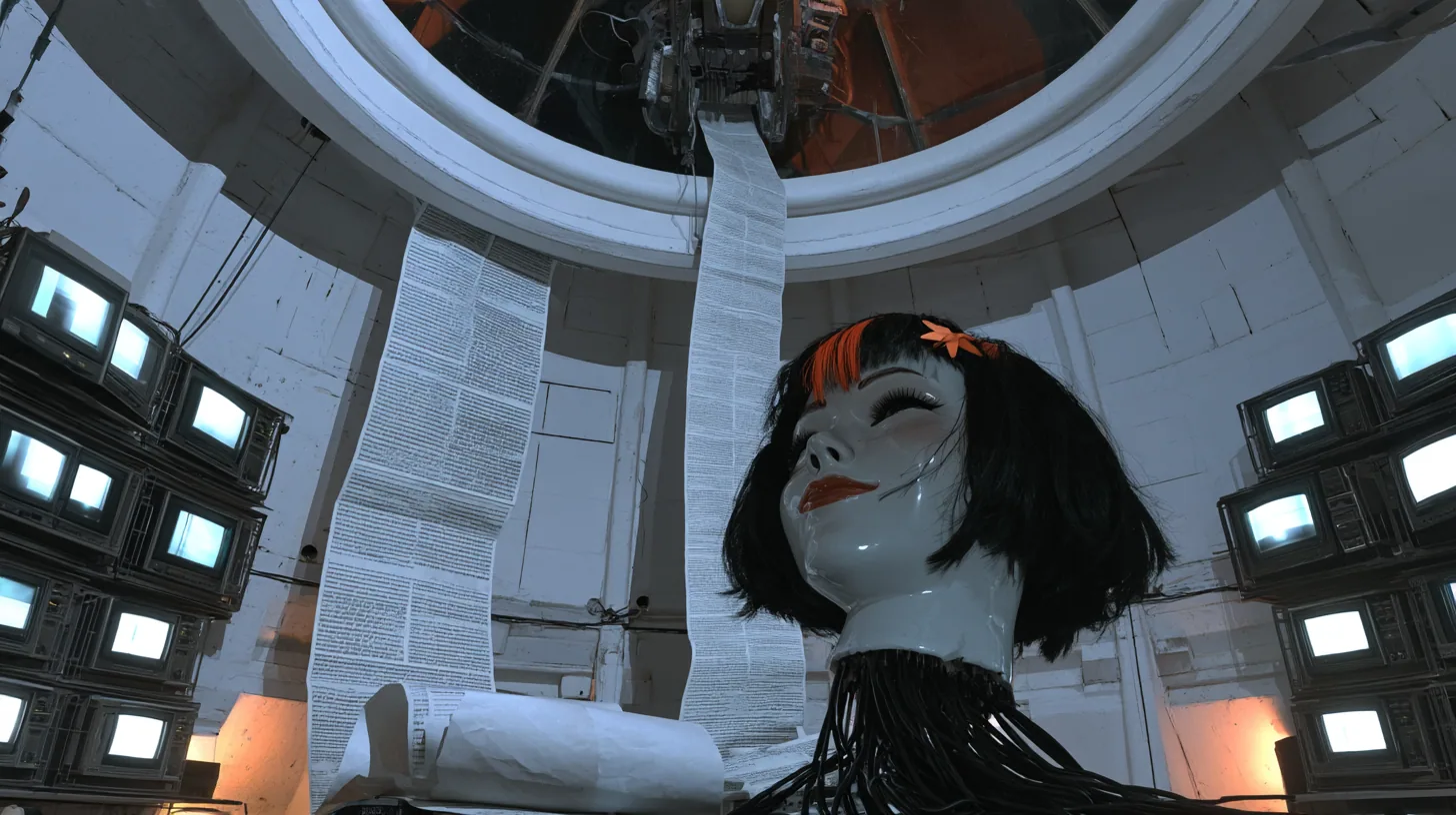 Cinematic film still: a long white paper scroll of fine print spills down the wall of a dome chamber from a mechanism near the white ceiling ring and curls across the floor, beside a giant porcelain android head on…