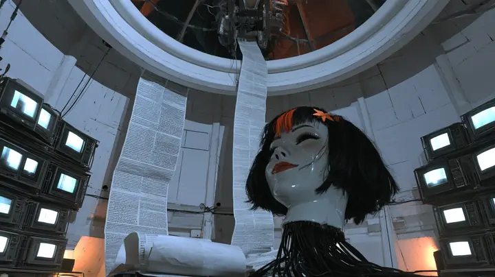 Cinematic film still: a long white paper scroll of fine print spills down the wall of a dome chamber from a mechanism near the white ceiling ring and curls across the floor, beside a giant porcelain android head on…