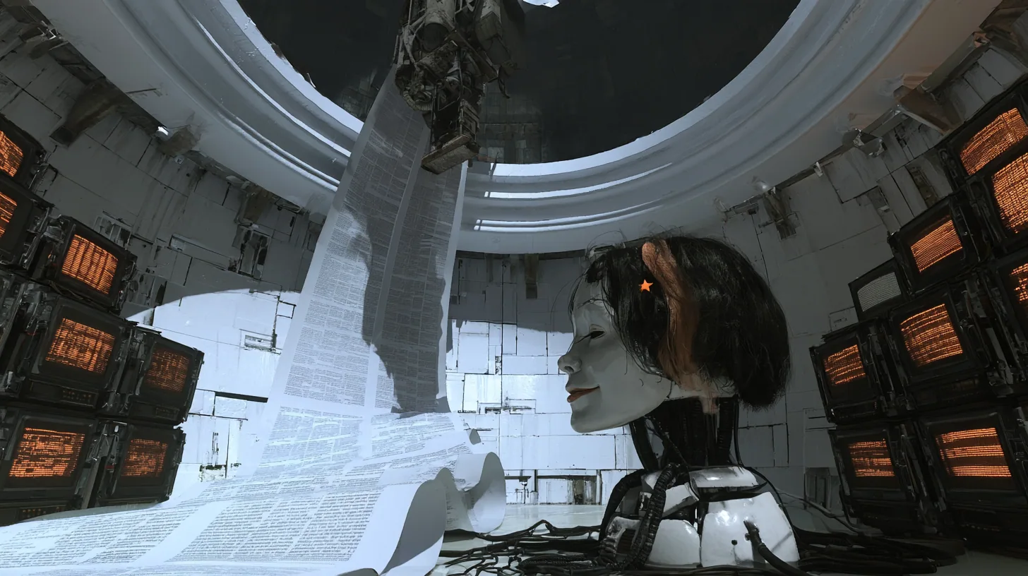 Cinematic film still: a long white paper scroll of fine print spills down the wall of a dome chamber from a mechanism near the white ceiling ring and curls across the floor, beside a giant porcelain android head on…