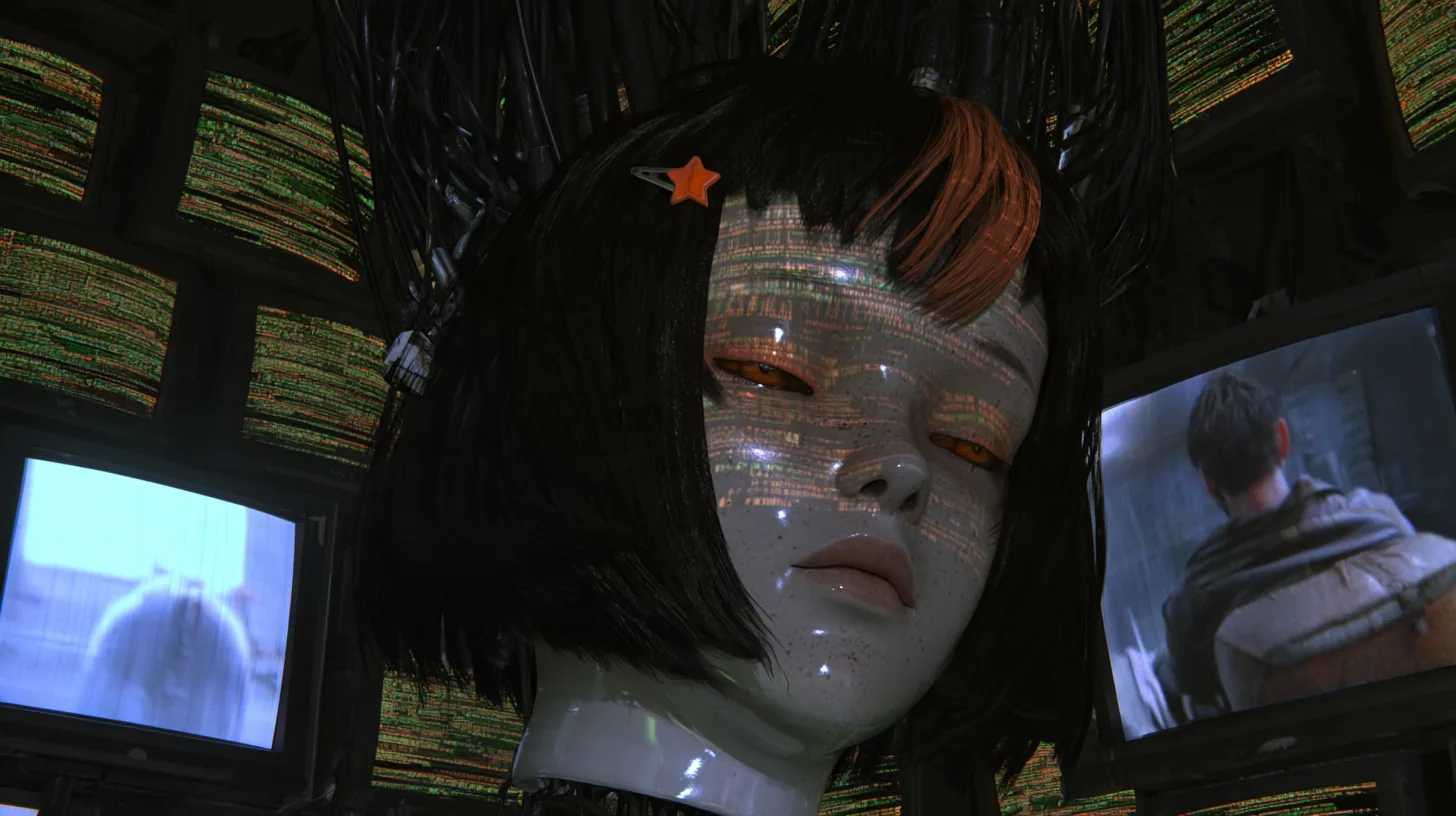 Medium close cinematic film still at a low angle: a giant porcelain android head with black blunt bob, clay-orange streak and small orange star clip hangs from black cables amid dozens of CRT monitors crowded with…