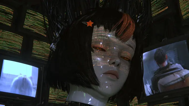 Medium close cinematic film still at a low angle: a giant porcelain android head with black blunt bob, clay-orange streak and small orange star clip hangs from black cables amid dozens of CRT monitors crowded with…
