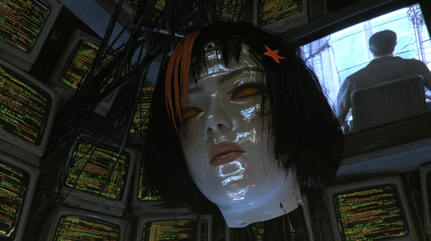 Medium close cinematic film still at a low angle: a giant porcelain android head with black blunt bob, clay-orange streak and small orange star clip hangs from black cables amid dozens of CRT monitors crowded with…
