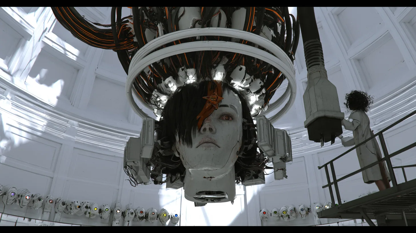 Cinematic film still in a bright white dome chamber: a giant porcelain android head with black blunt bob, clay-orange streak and small orange star clip hangs from a thick boom of black orange-striped cables crowded…