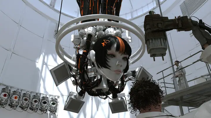 Cinematic film still in a bright white dome chamber: a giant porcelain android head with black blunt bob, clay-orange streak and small orange star clip hangs from a thick boom of black orange-striped cables crowded…